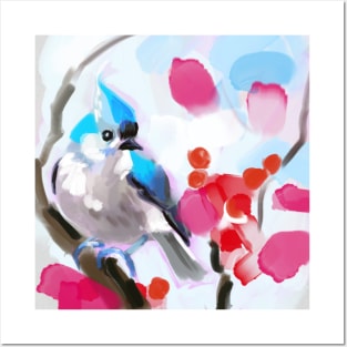 Tufted titmouse in the red berries bush Posters and Art